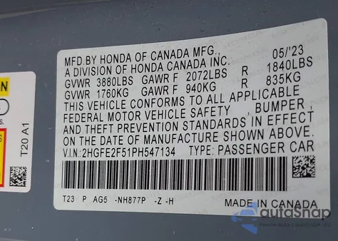 2023 Honda Civic Sport z USA, uszkodzony, nr VIN 2HGFE2F51PH547134